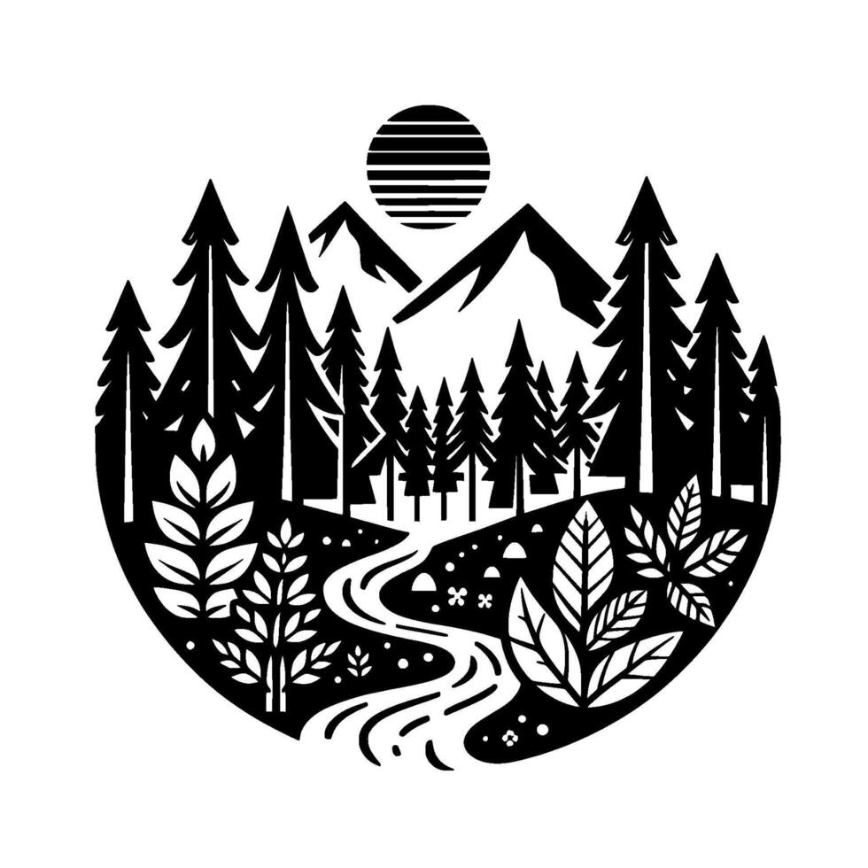Circular forest silhouette nature scene illustration, black and white vector