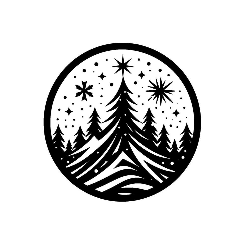 Christmas forest scene in a circle, black and white illustration vector