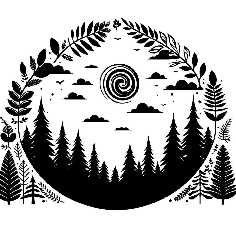 Black white forest scene with laurel wreath swirl sun vector