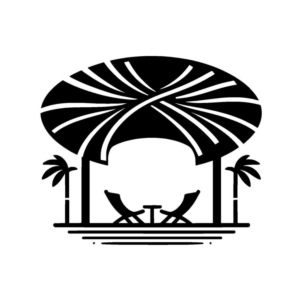 Beach scene silhouette parasol, chairs, palm trees minimalist vector