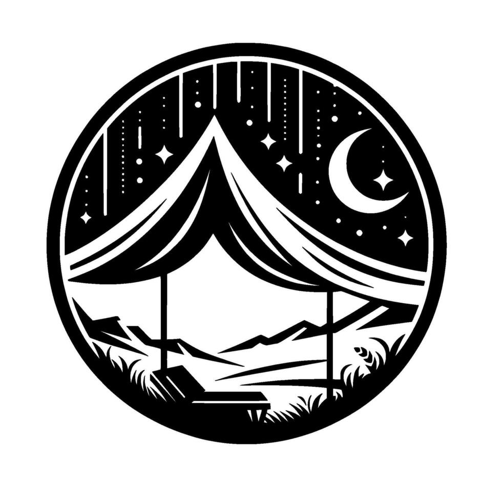 Black white camping emblem night sky tent and mountains vector