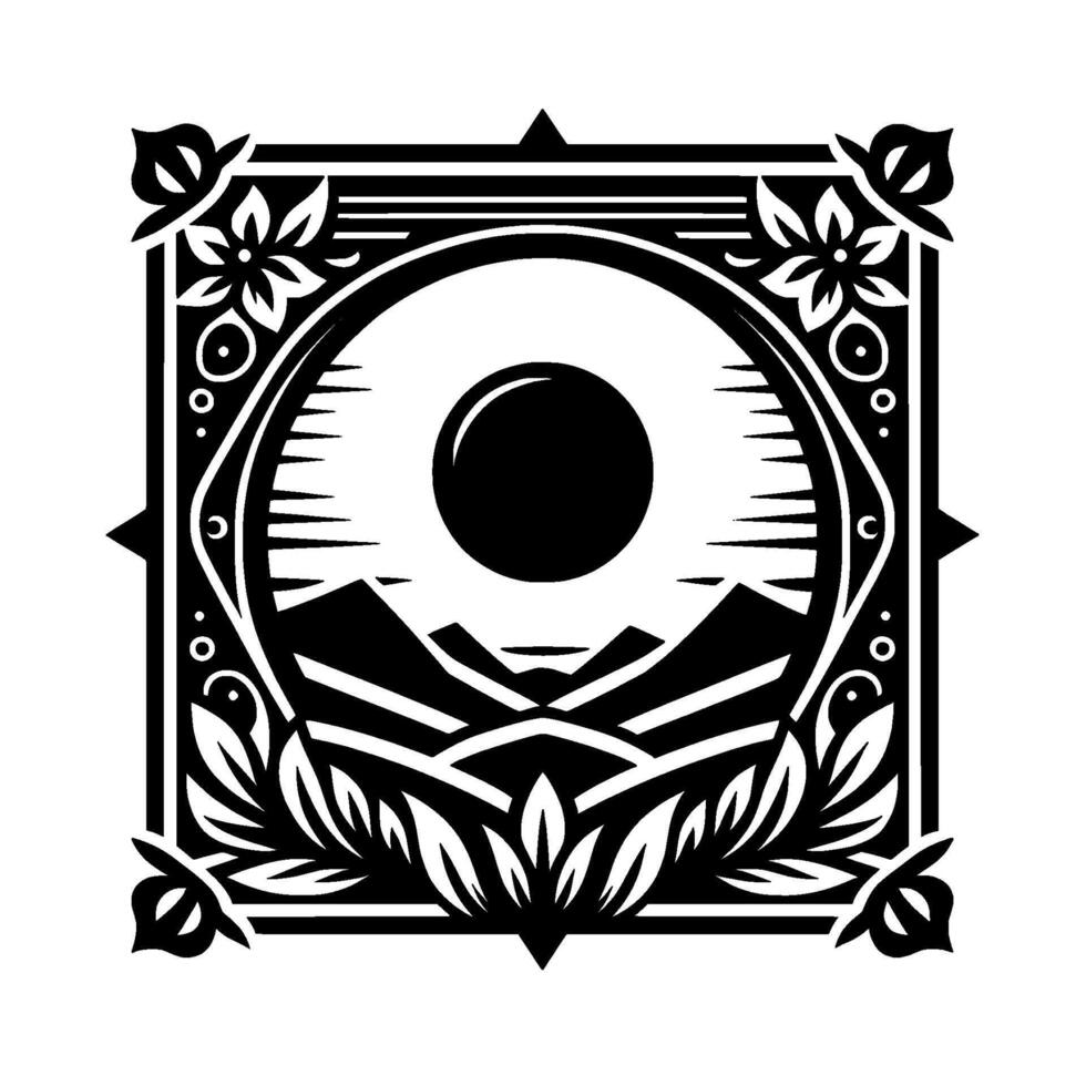 Black and white nature emblem mountain silhouette, floral frame vector