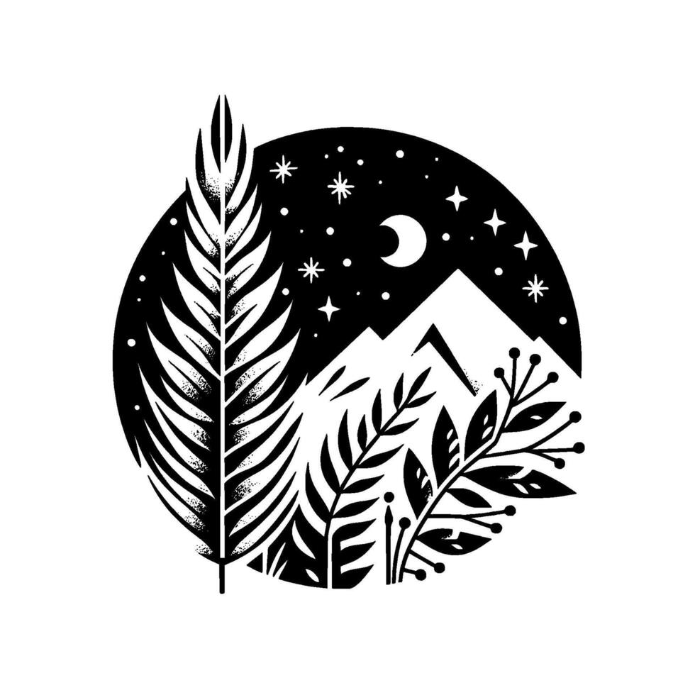 Silhouette nightscape mountain, moon, foliage illustration vector