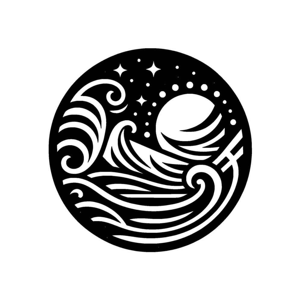 Celestial ocean black and white circle illustration vector