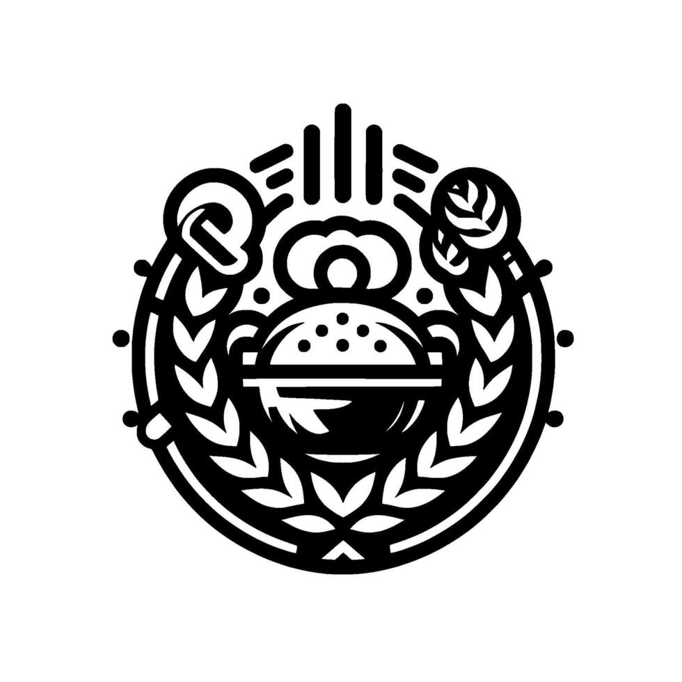 Minimalist gourmet burger emblem in circle, black white vector