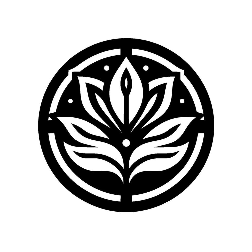 Minimalist lotus flower in circular frame, black and white vector