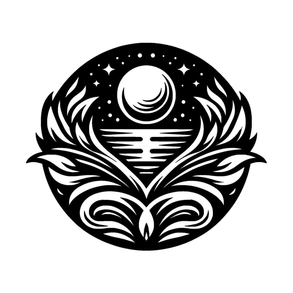 Serene nightscape black white circular vector