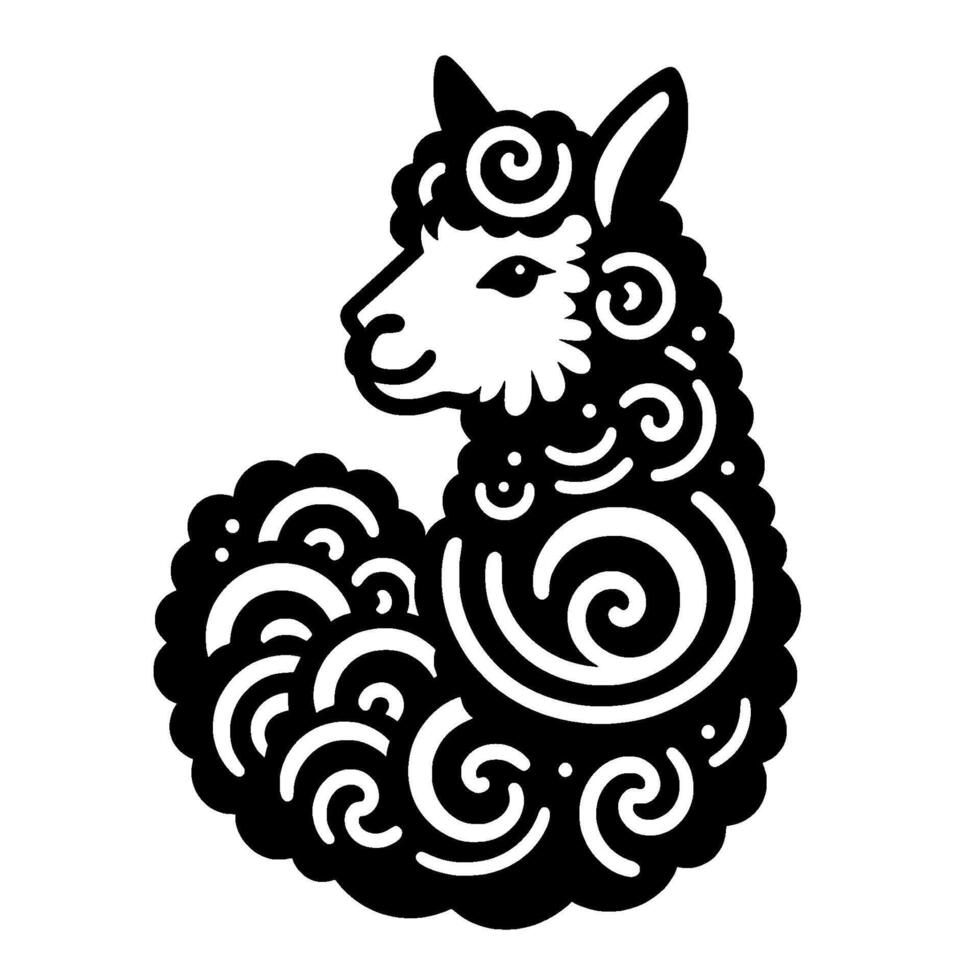 Whimsical llama illustration black and white swirls, art vector