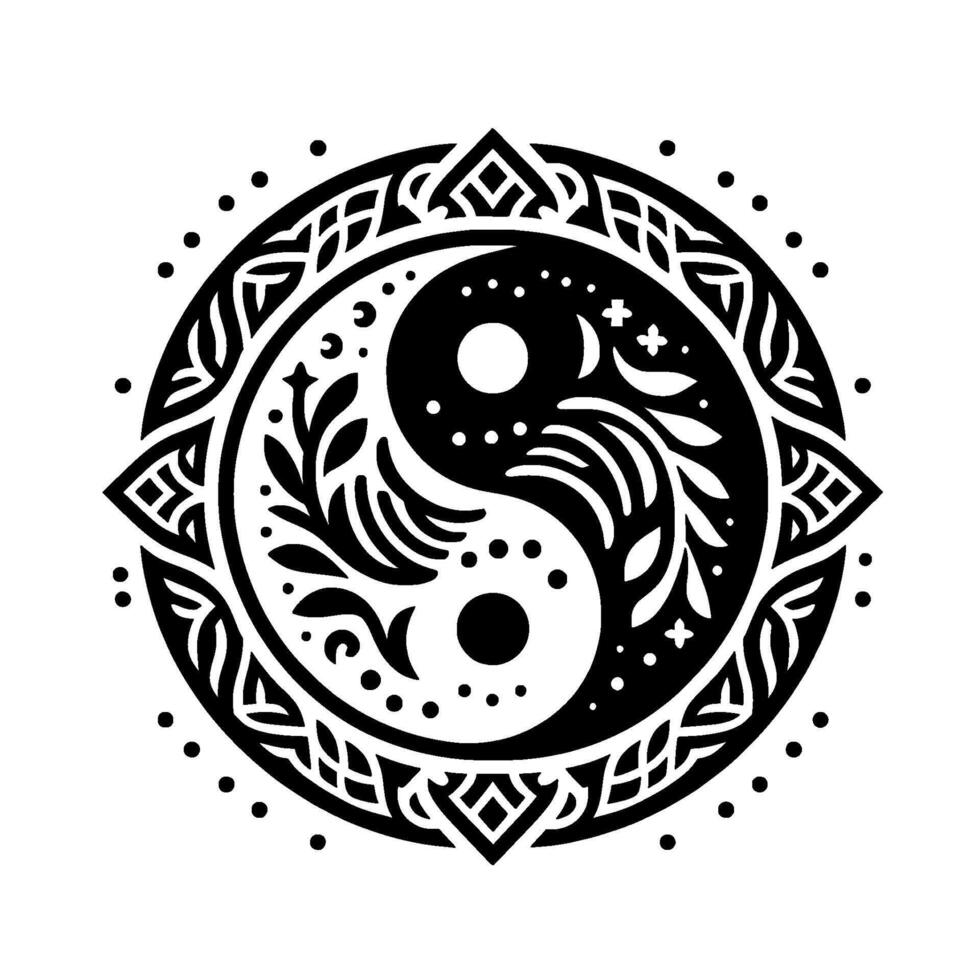 Yin yang symbol with detailed floral and geometric vector