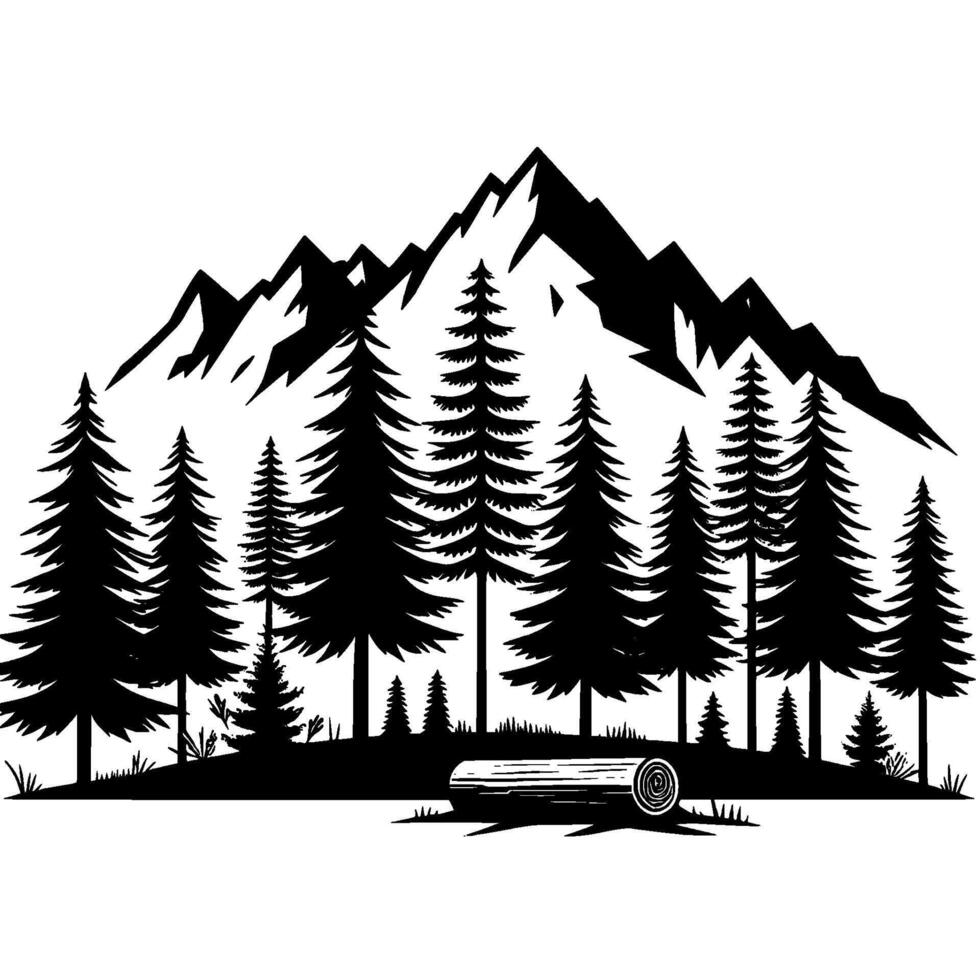 Mountainscape silhouette forest, log, and peaks illustration vector