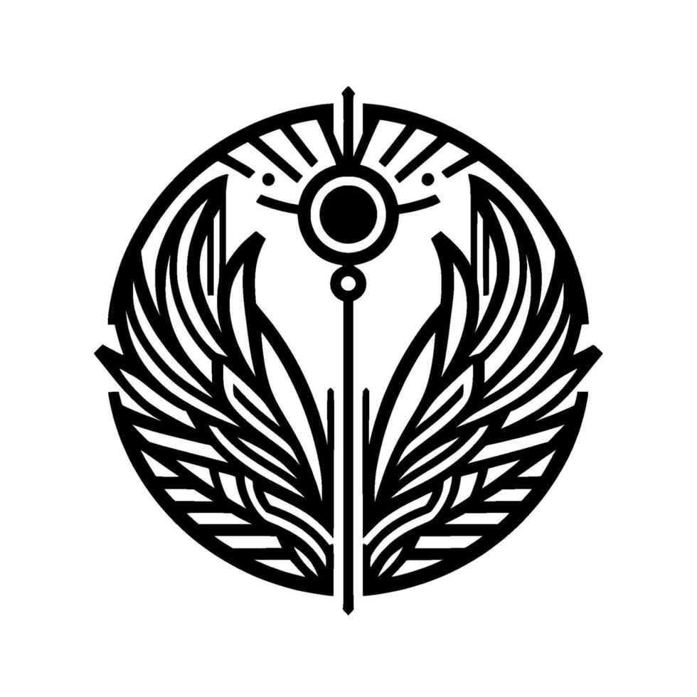 Abstract geometric emblem with wings celestial elements, black white vector