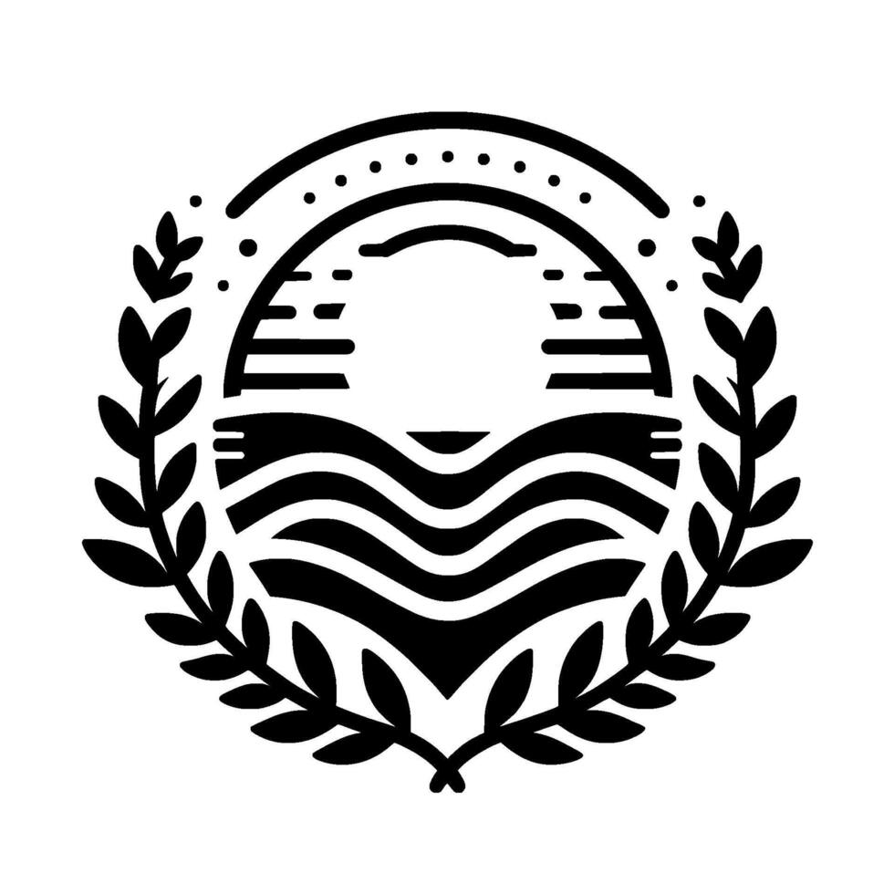 Minimalist coastal crest waves, laurel wreath, black white vector