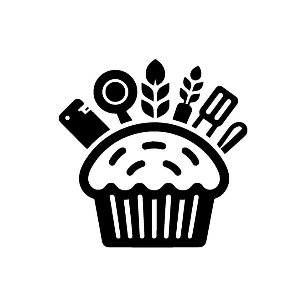 Bakery stylized cupcake with baking tools vector