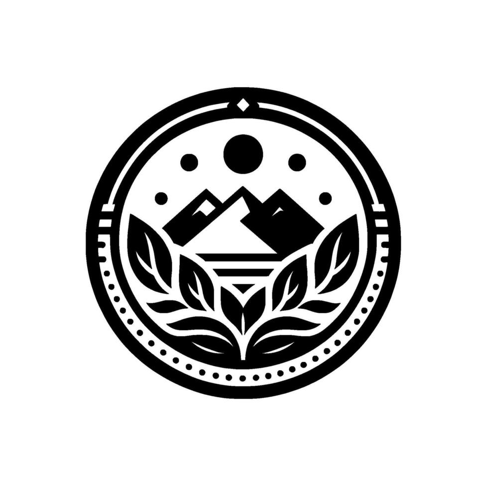 Nature emblem mountain and leaf circle, black and white vector