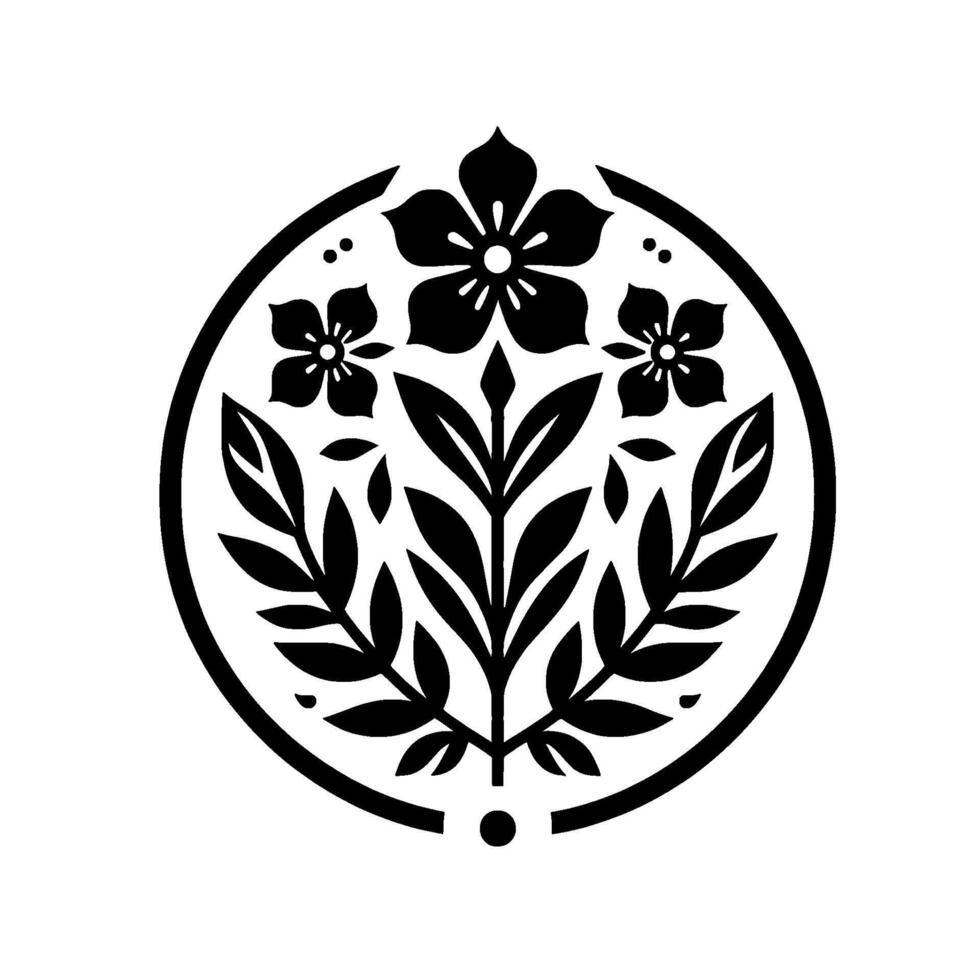 Minimalist floral crest in black and white vector