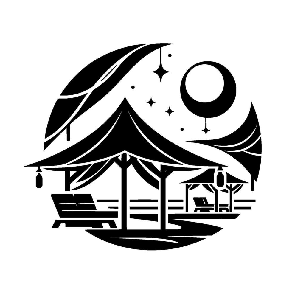 Black white beach scene silhouette, circle composition vector