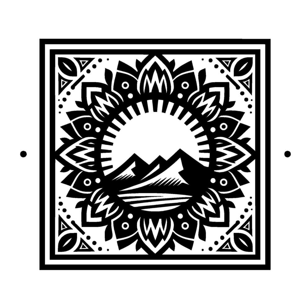 Mountain sunset mandala , black and white geometric vector