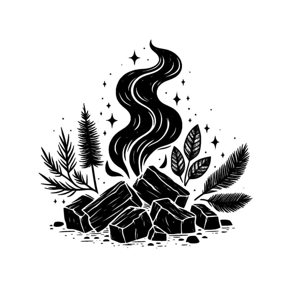 Rustic campfire illustration black white woodcut style vector