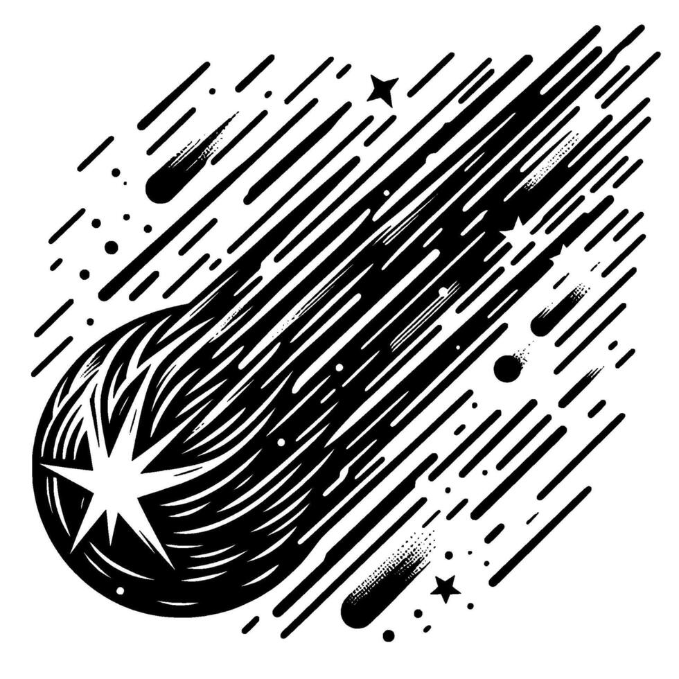 Celestial black white illustration comet, stars, trail vector