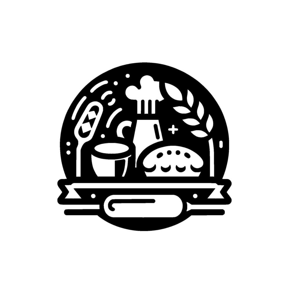 Bakery whimsical illustration of baking tools and bread, black and white vector