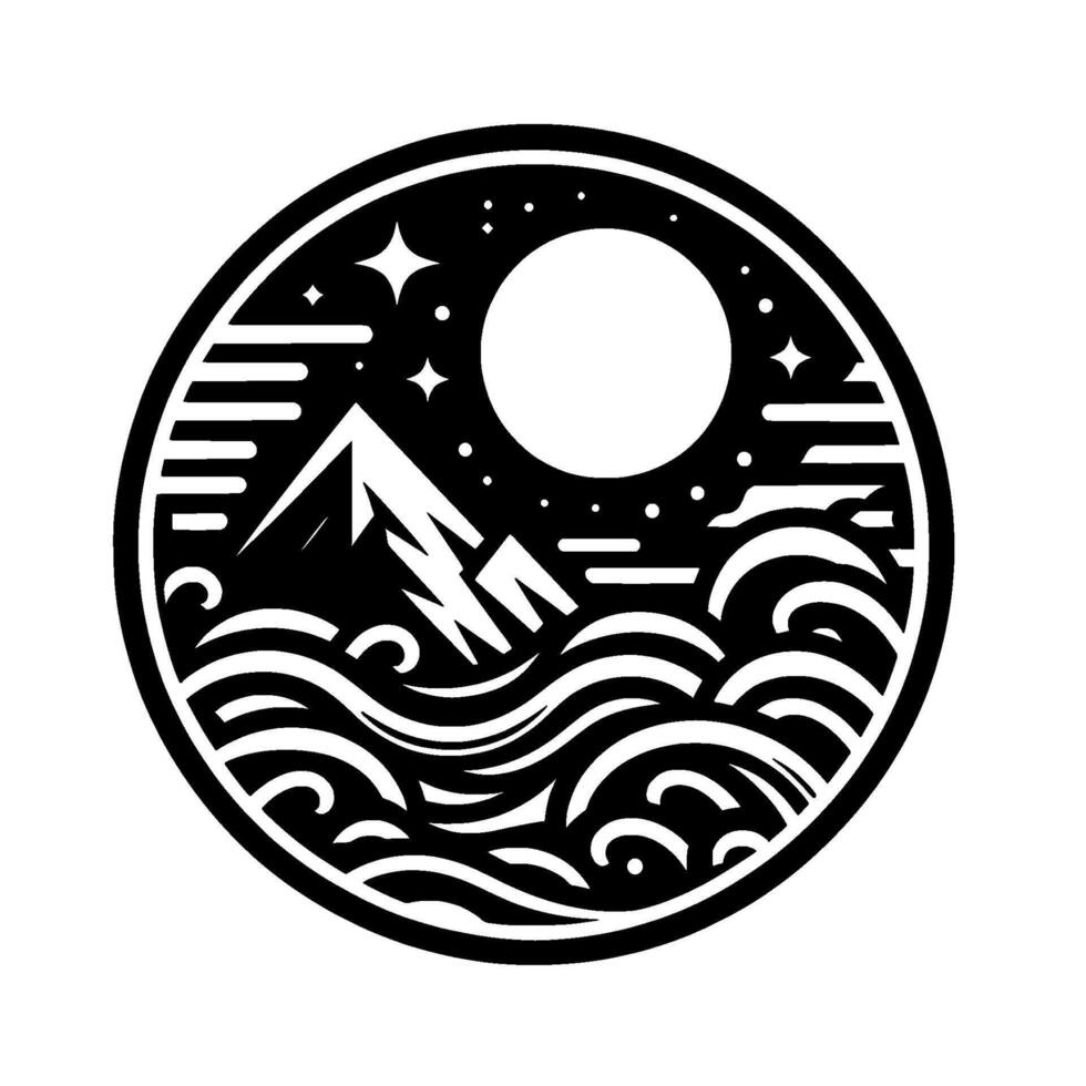 Mountain moonscape black white nature illustration, circle badge vector