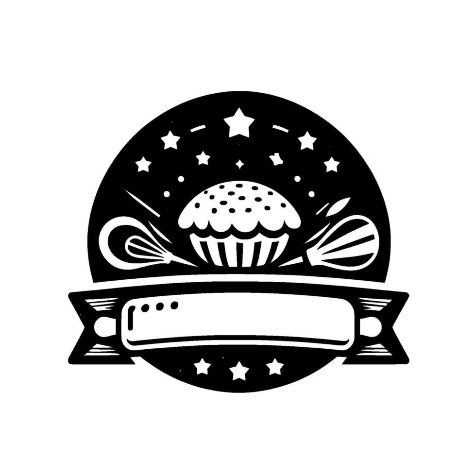 Bakery cupcake with whisk, stars, ribbon black white emblem vector