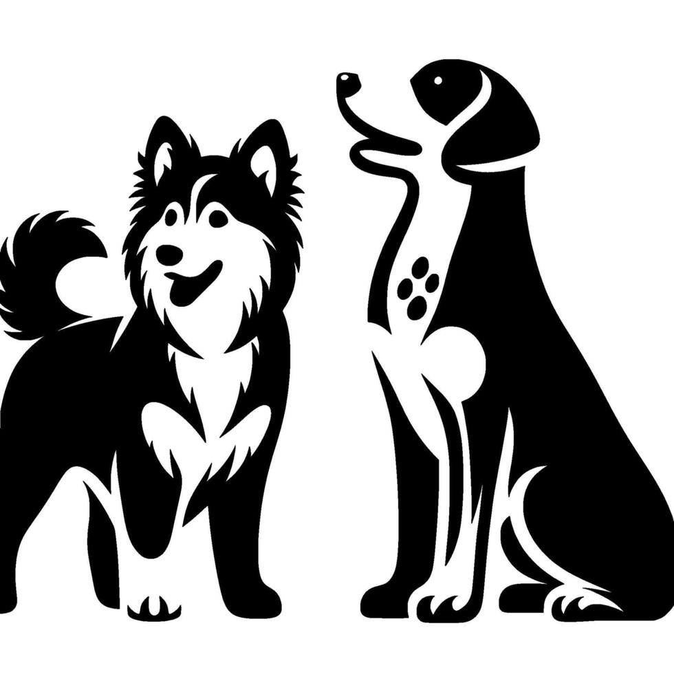 Black and white dog silhouette icons happy husky and sitting dog vector