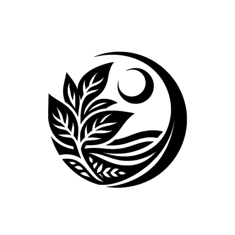Serene black and white nature leaves, moon, water vector