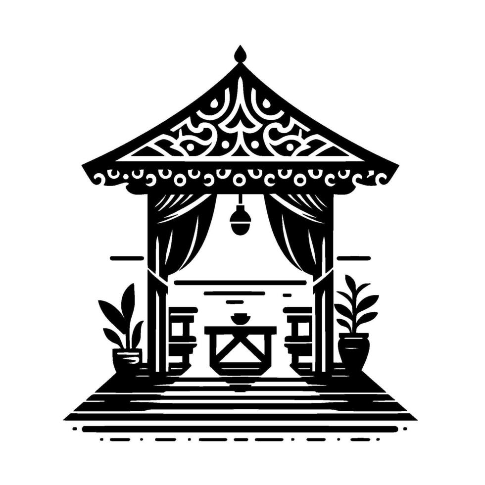 Black white pavilion illustration, minimalist , decorative roof vector