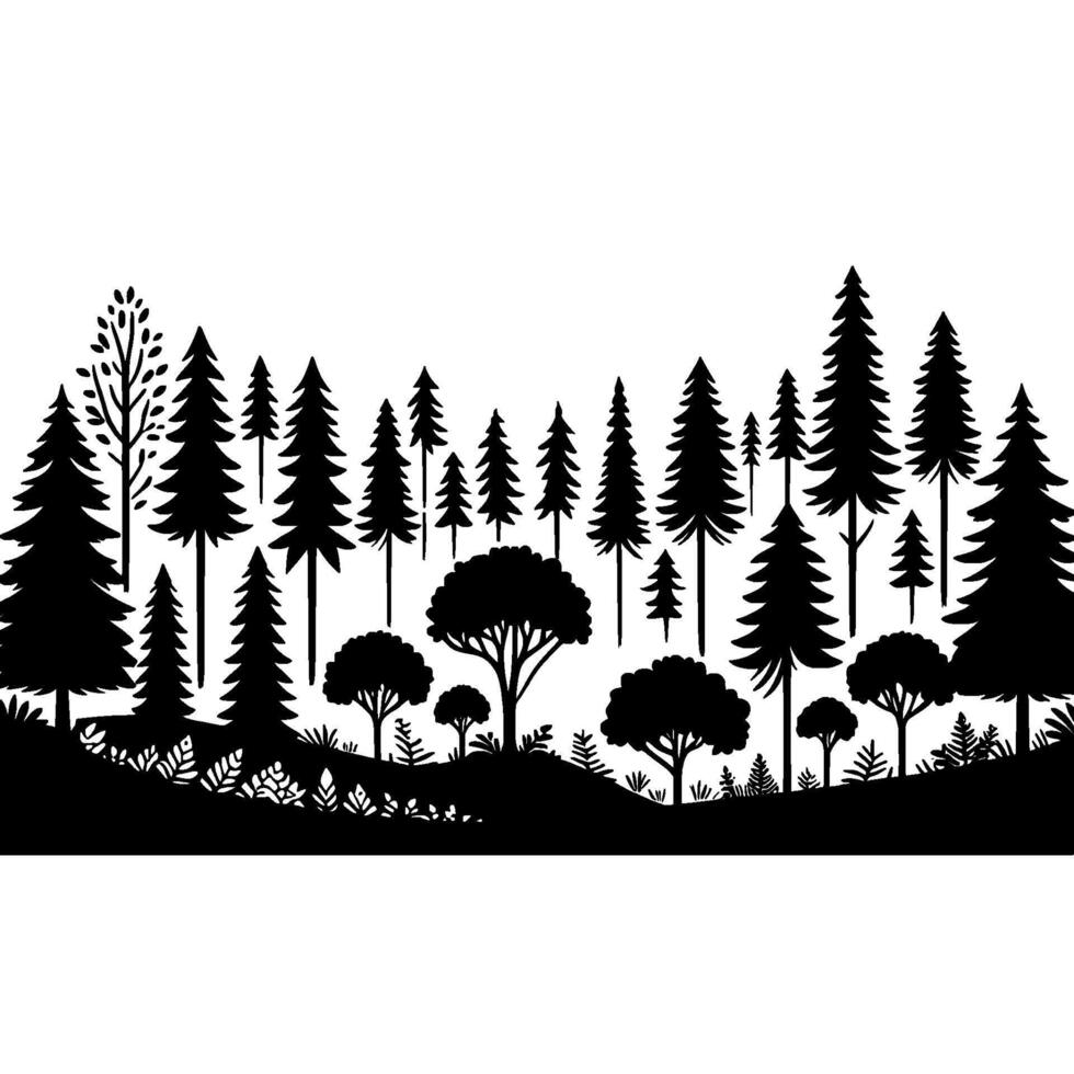 Monochrome forest silhouette trees and foliage, minimalist vector