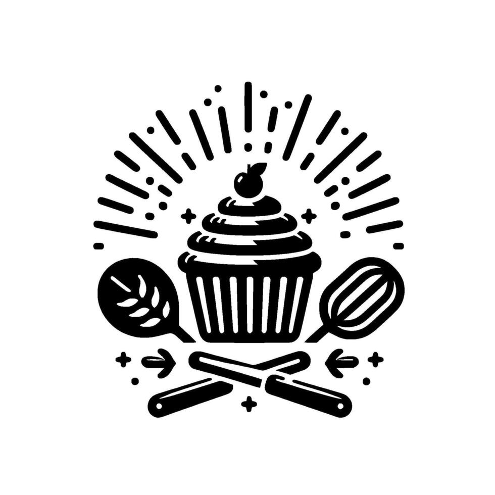 Cupcake baking emblem, black white minimalist illustration vector
