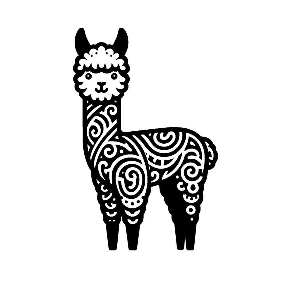 Intricate black white alpaca illustration boho animal vector