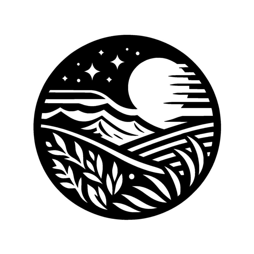 Night landscape circle moon, stars, field, silhouette vector