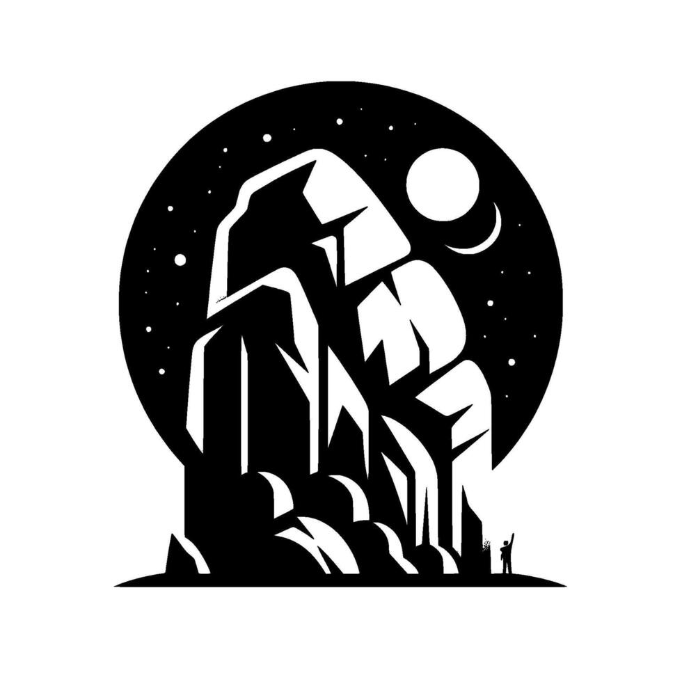 Silhouette mountain landscape under moon and stars, black and white vector