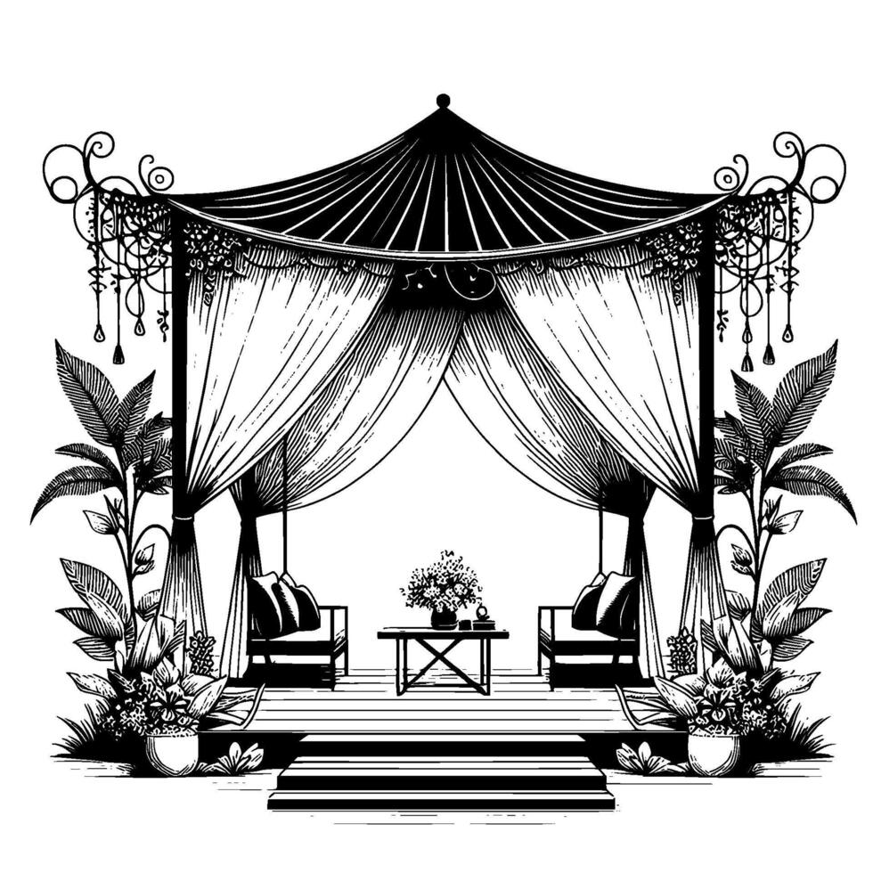 Elegant gazebo illustration black and white line art for events vector