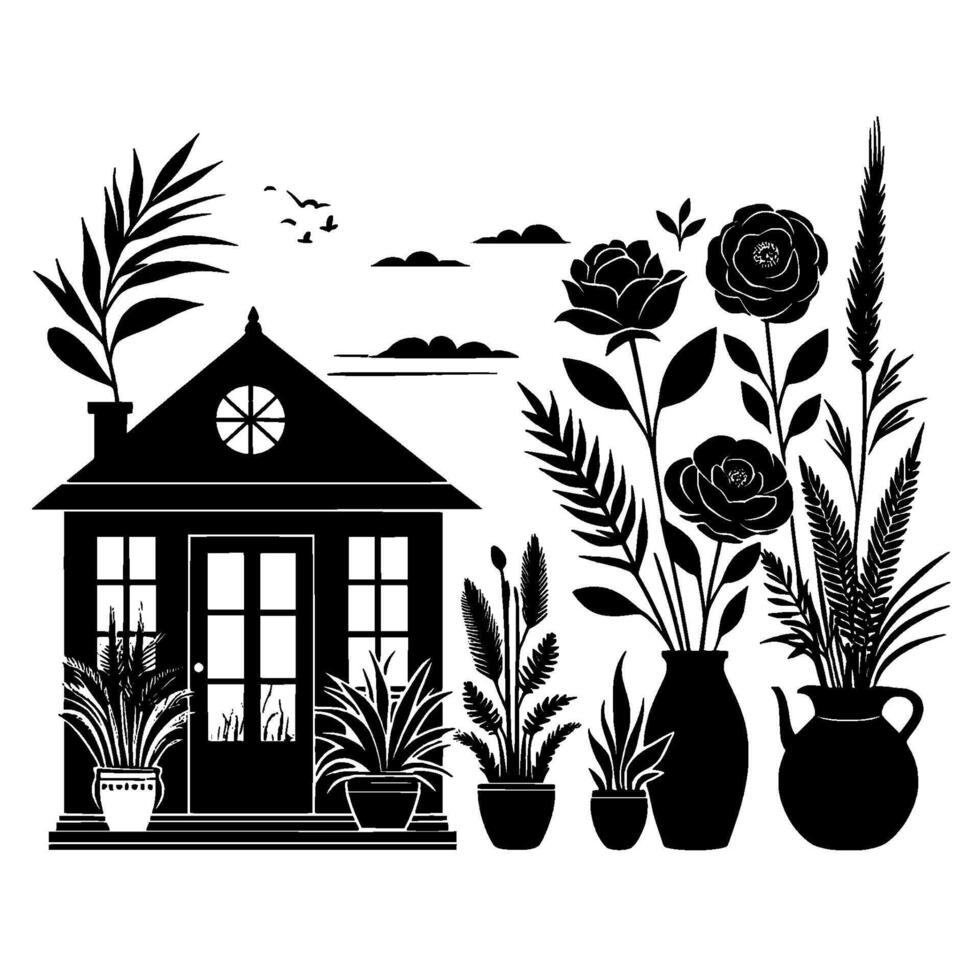 Black white cottage garden illustration house, flowers, plants vector