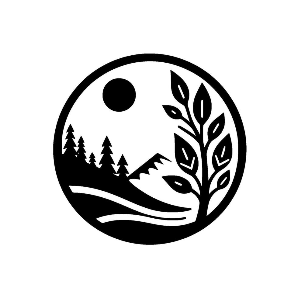 Black and white nature circle mountains, trees, sun vector