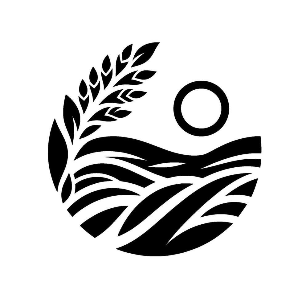 Minimalist farm scene wheat, fields, and sun, black and white vector