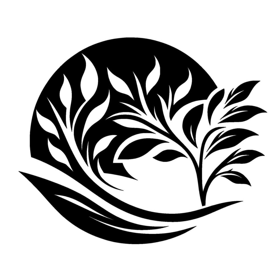 Elegant black white leafy emblem with a minimalist circle vector
