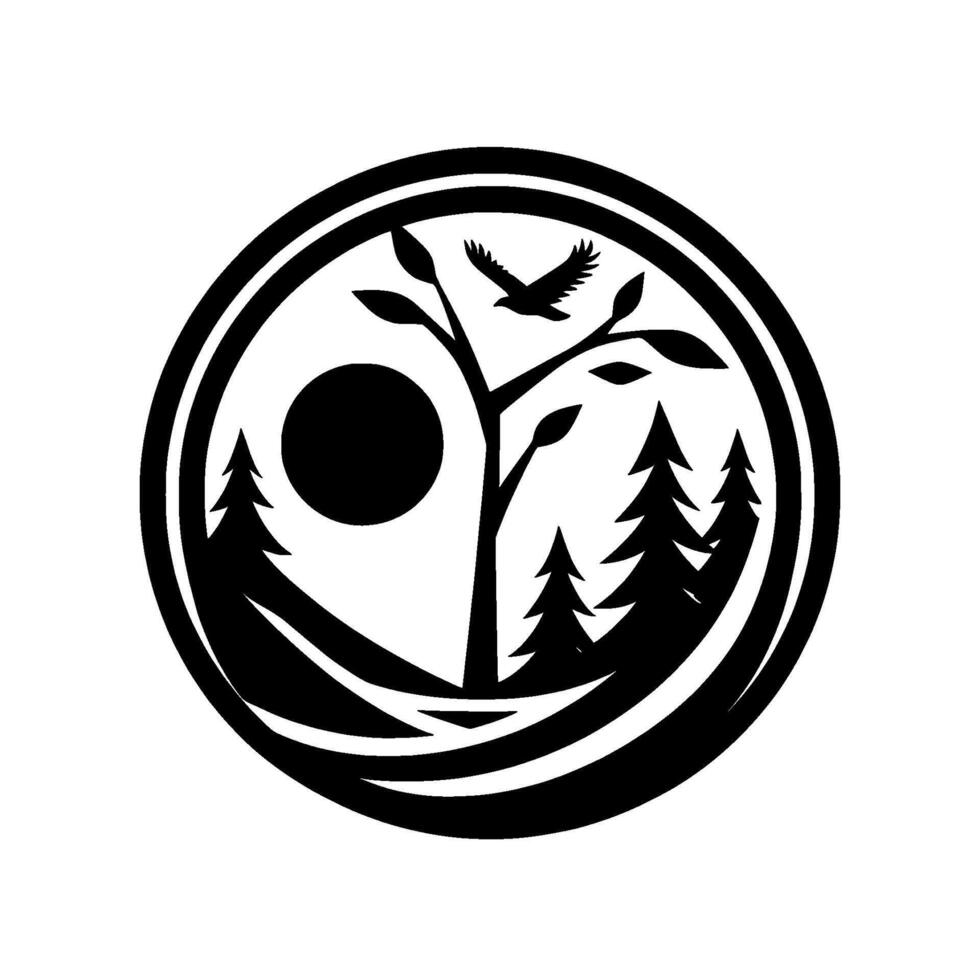 Minimalist nature circle tree, bird, sun, forest vector