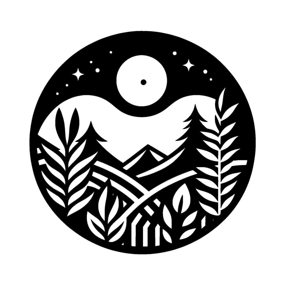 Black white nature circle mountain, trees, stars, and moon illustration vector