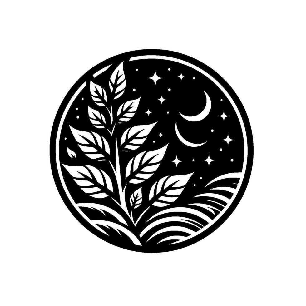 Nighttime botanical circle illustration, moon leaves, minimalist vector
