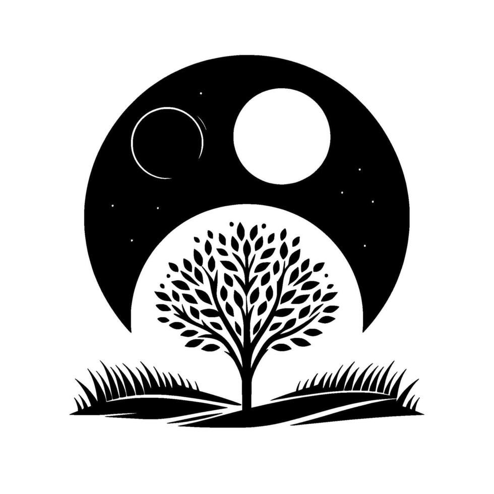 Yin yang nature tree, moon, and stars minimalist vector