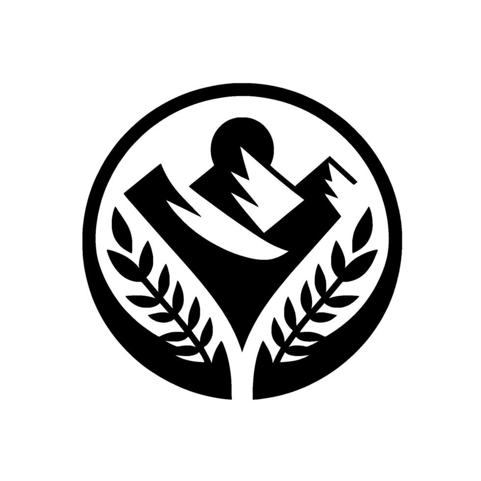 Emblem mountain, sun, and leafy branches in black white circle vector