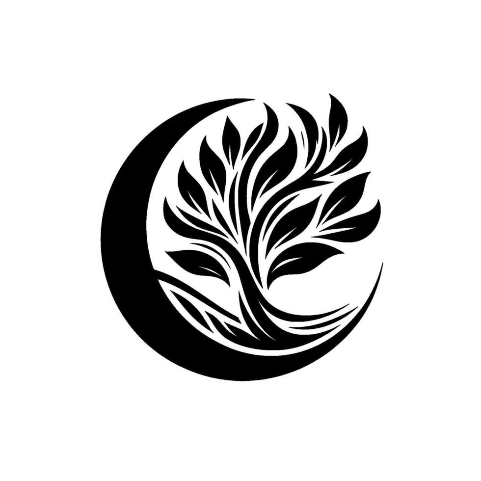 Minimalist tree of life in crescent moon, black white vector