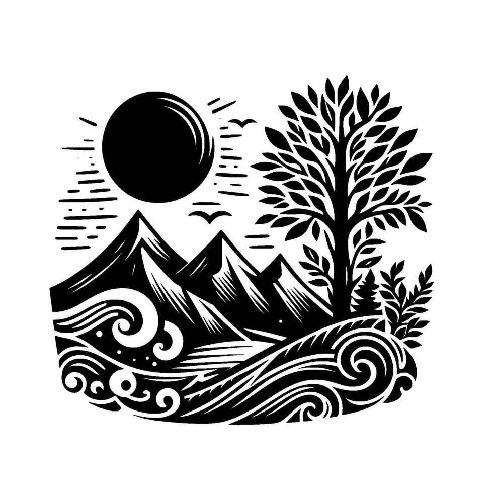 Black and white landscape mountain, tree, sun illustration vector