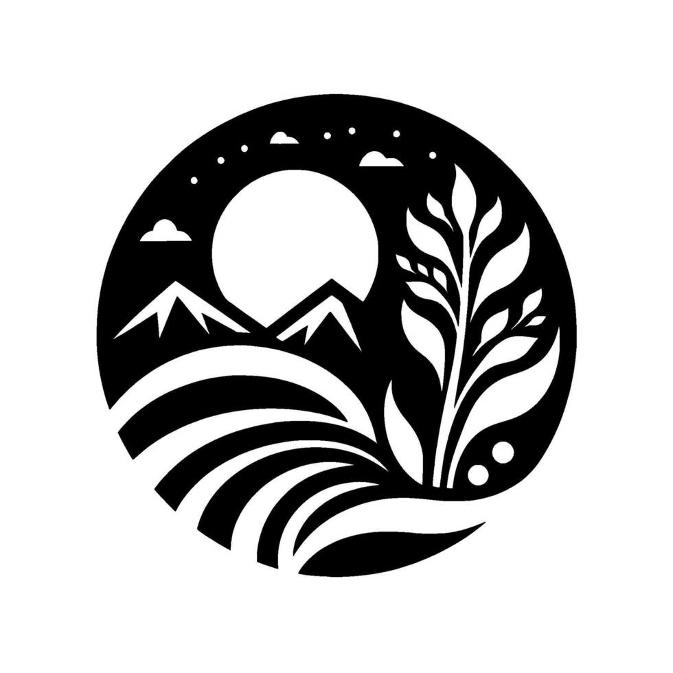 Minimalist landscape mountains, sun, fields, and plant in a circle vector