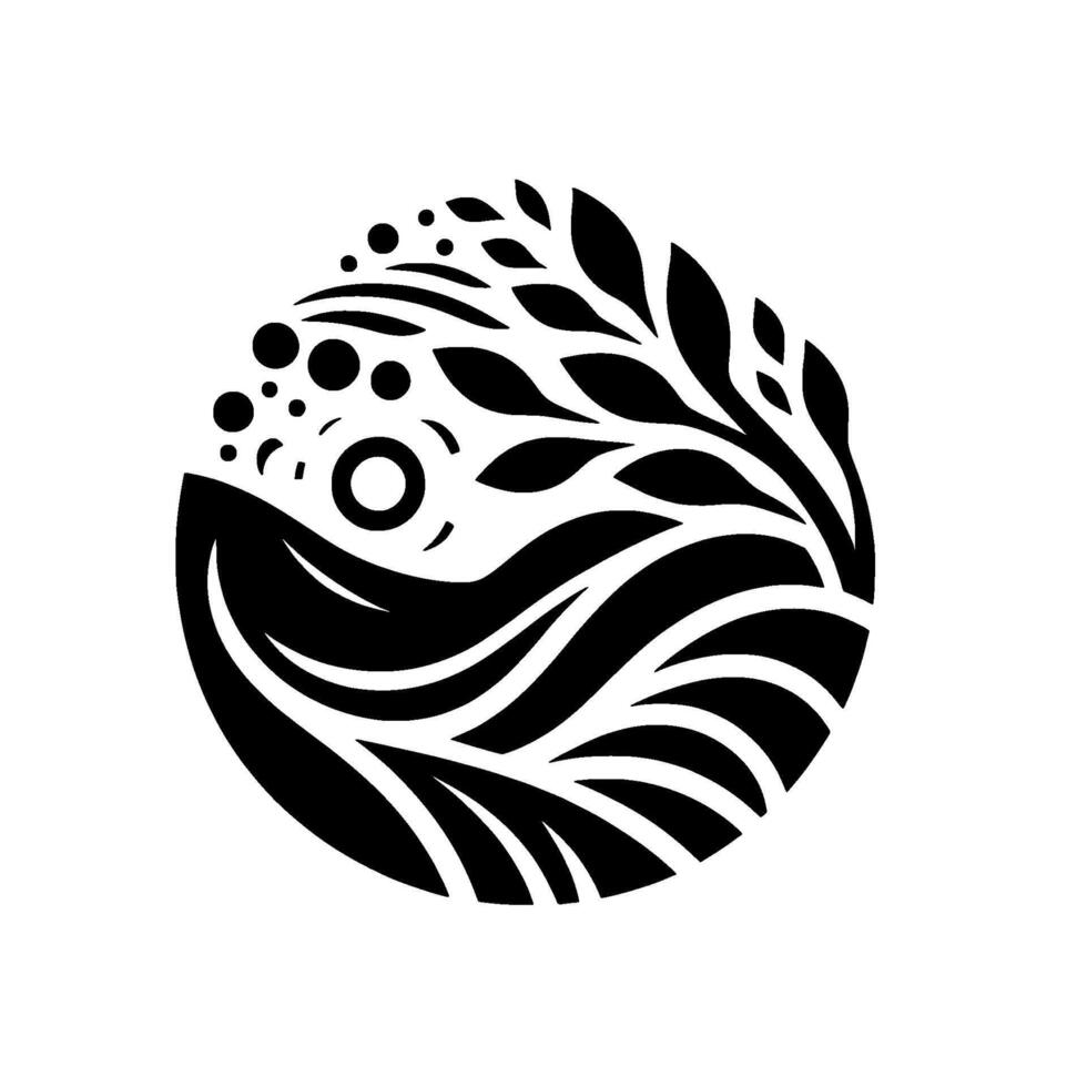Abstract nature emblem black white circle, leaves water vector