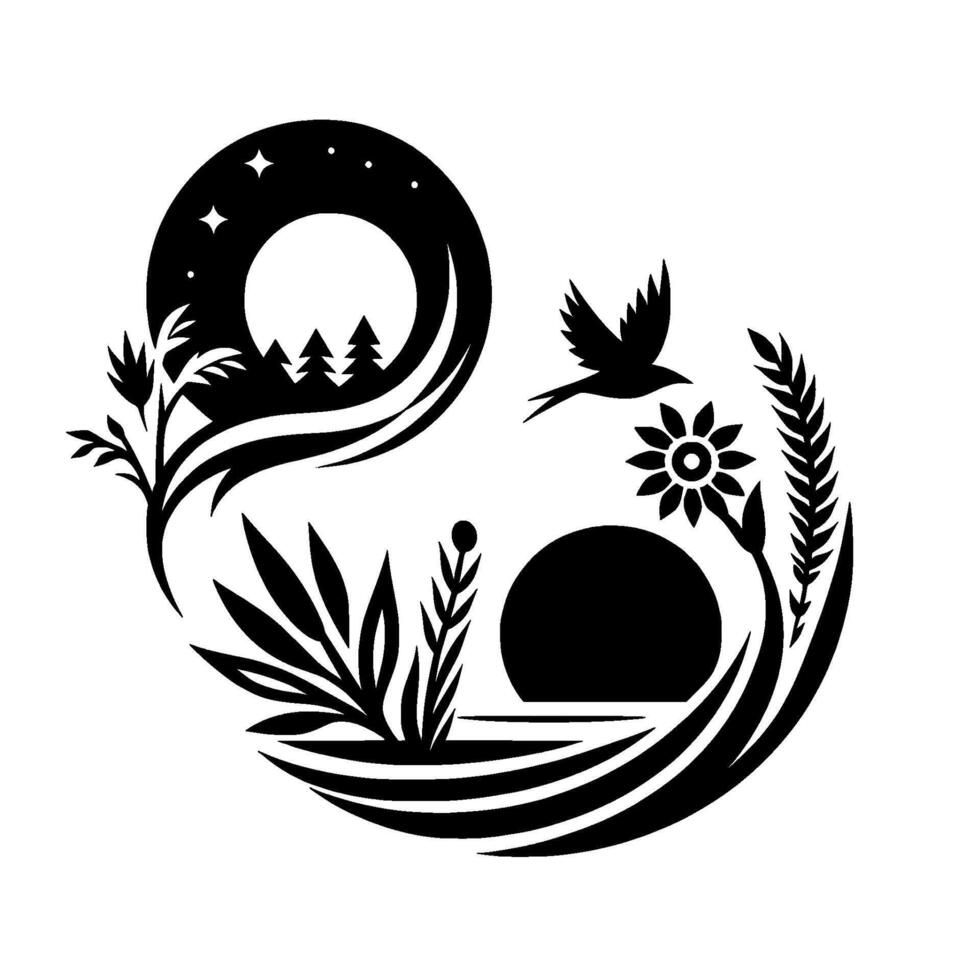 Yin yang nature black white silhouette illustration vector