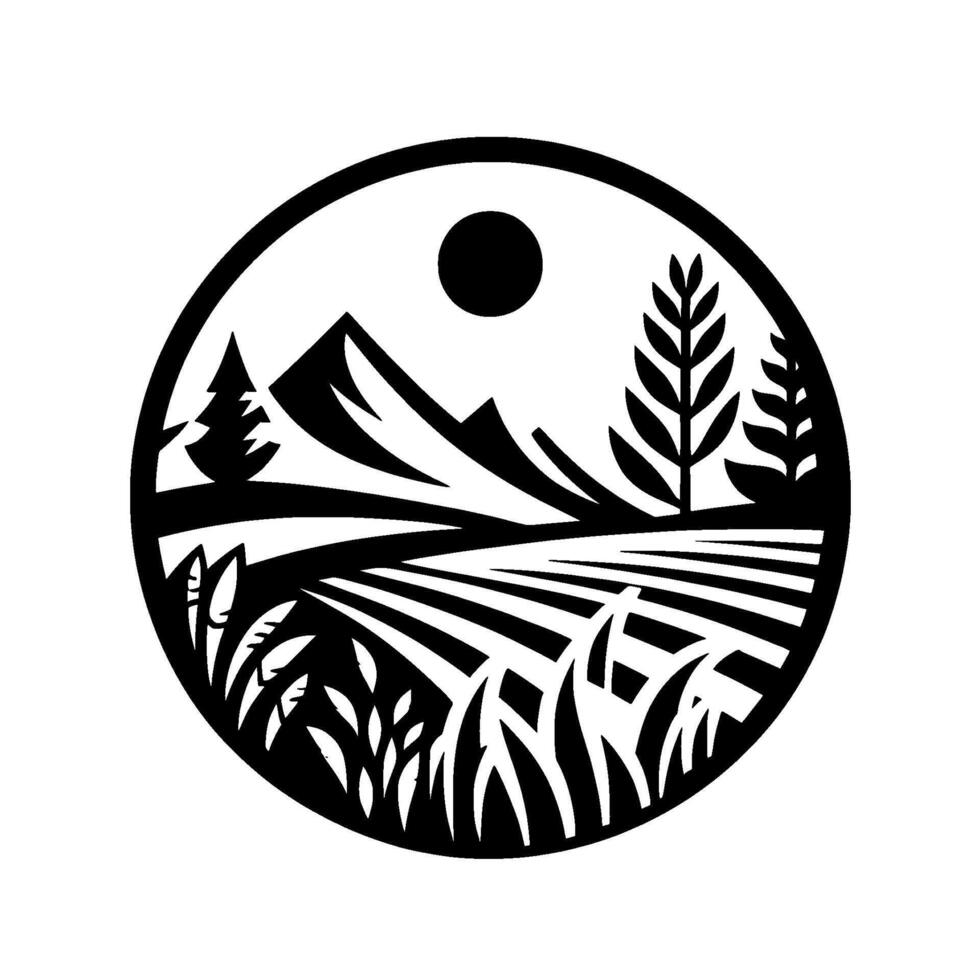 Black and white landscape silhouette in circle, nature element vector
